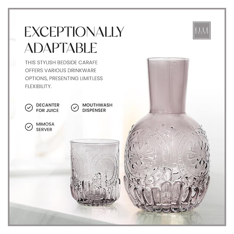 Elle Decor Carafe Bedside Night Water Carafe Glass Pitcher and Cup - 4.52" x 8.26"