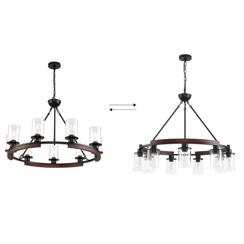 9 - Light Wagon Wheel Dimmable Chandelier with Wood Accents - Matte Black