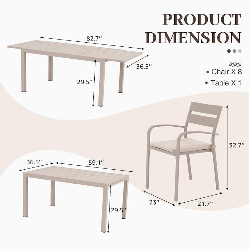 Outdoor 9-piece Aluminum Dining Set Stackable Chairs and Extendable Table