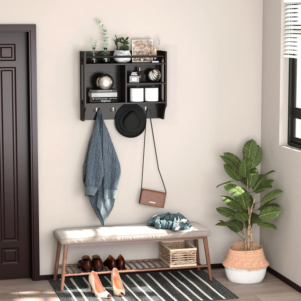 HOMCOM Wall-Mounted Floating Storage Shelf with 4 Storage Units and 4 Dual Hooks, and Coat Rack - 28.75*7.75*23.5