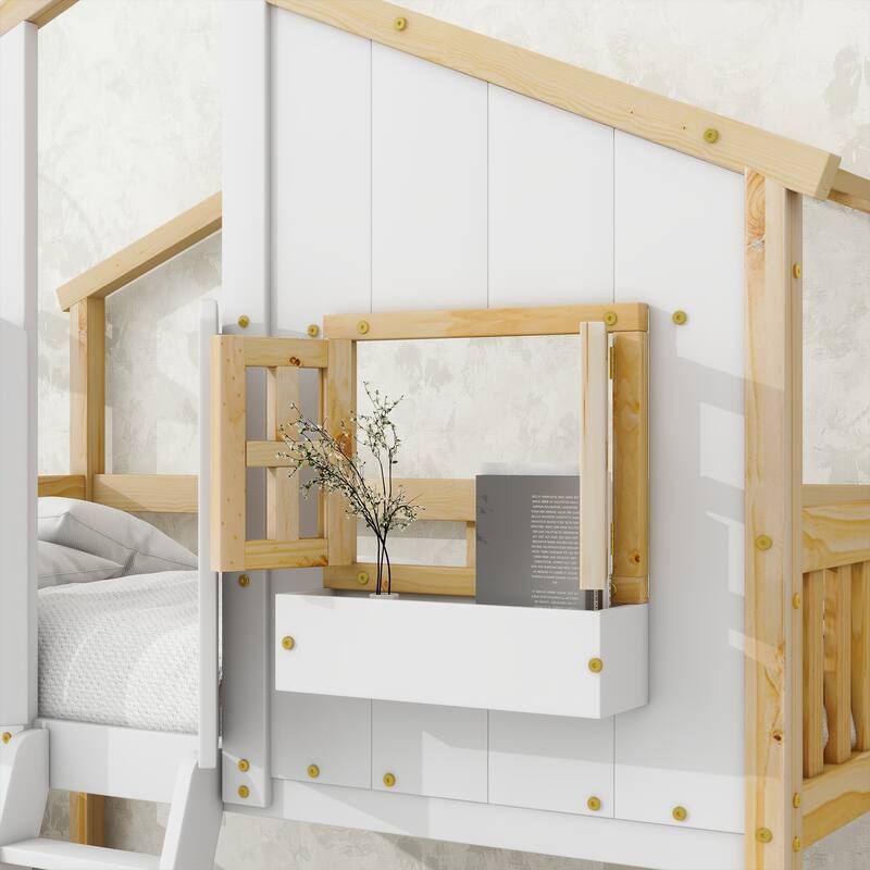 Roomfitters Twin Over Twin House Bunk Bed with Roof, Window Box, Door, Safety Guardrails and Ladder