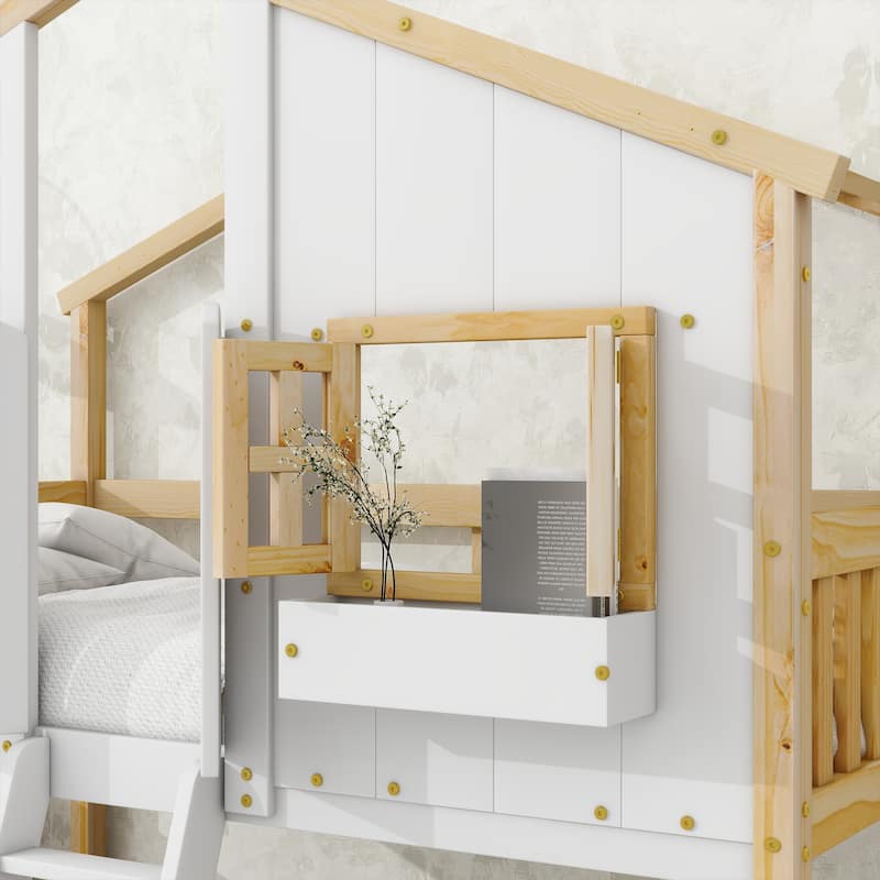Twin Wood House Bunk Bed with Roof & Safety Guardrails