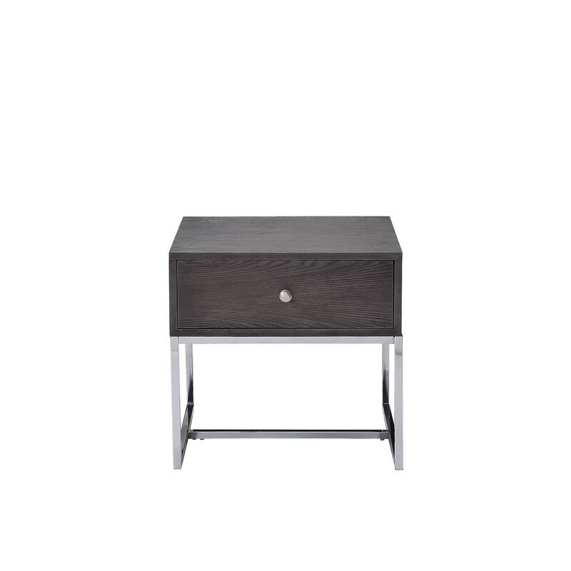 Wooden End Table with Tubular Metal Base and Spacious Drawer, Gray and Silver