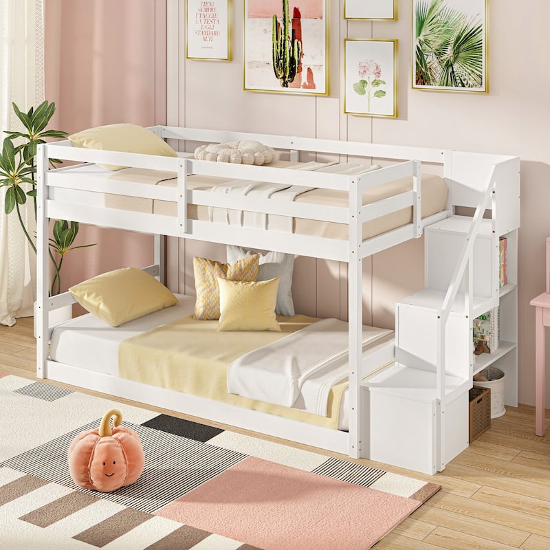 Twin Over Twin Low Bunk Bed with Storage Stairs, Floor Bunk Bed Frame