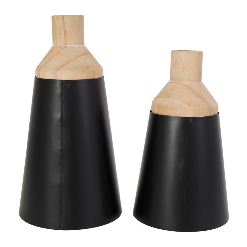 Black Wood Triangular Colorblock Decorative Vase with Light Brown Wood Tops (Set of 2)