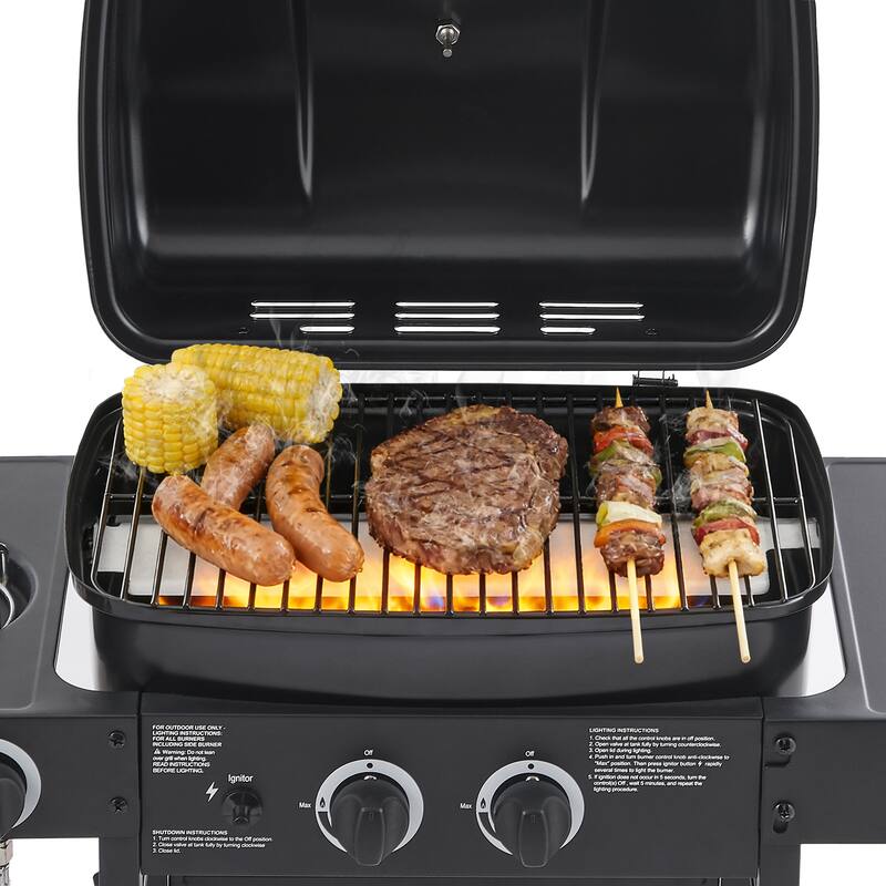 Anmytek 2-Burner Stainless Steel Propane Gas Grill with Side Burner 24000 BTU Enameled Grates Side Tables