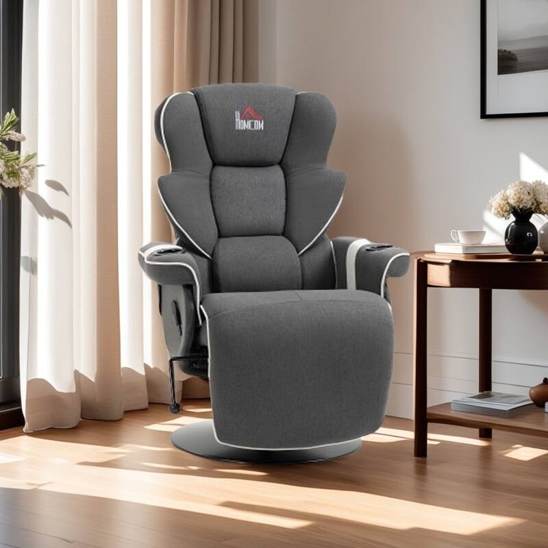 Swivel Recliner Chair with Linen Upholstery, Manual Lounge Armchair with Footrest & Dual Cup Holders for Living Room - Black