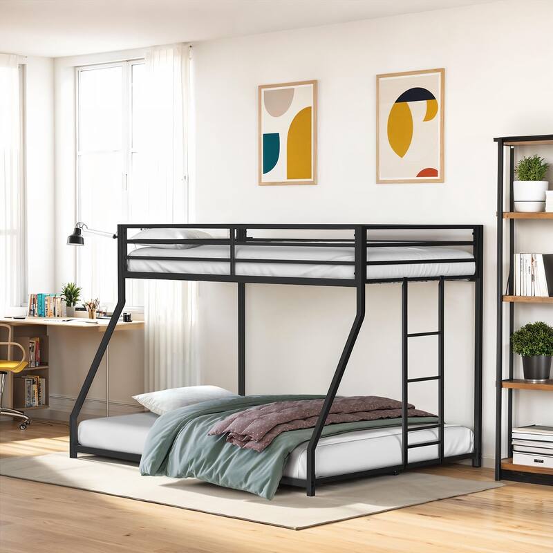 Twin Over Full Metal Bunk Bed with Attached Ladder, Matte Black Finish