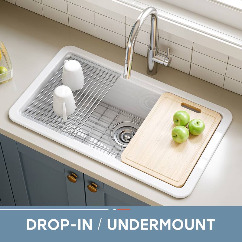 HOROW 33 in. Drop-In Single Bowl Ceramic White Kitchen Sink Standard and Bottom Grid, Drain Assembly, Cutting Board