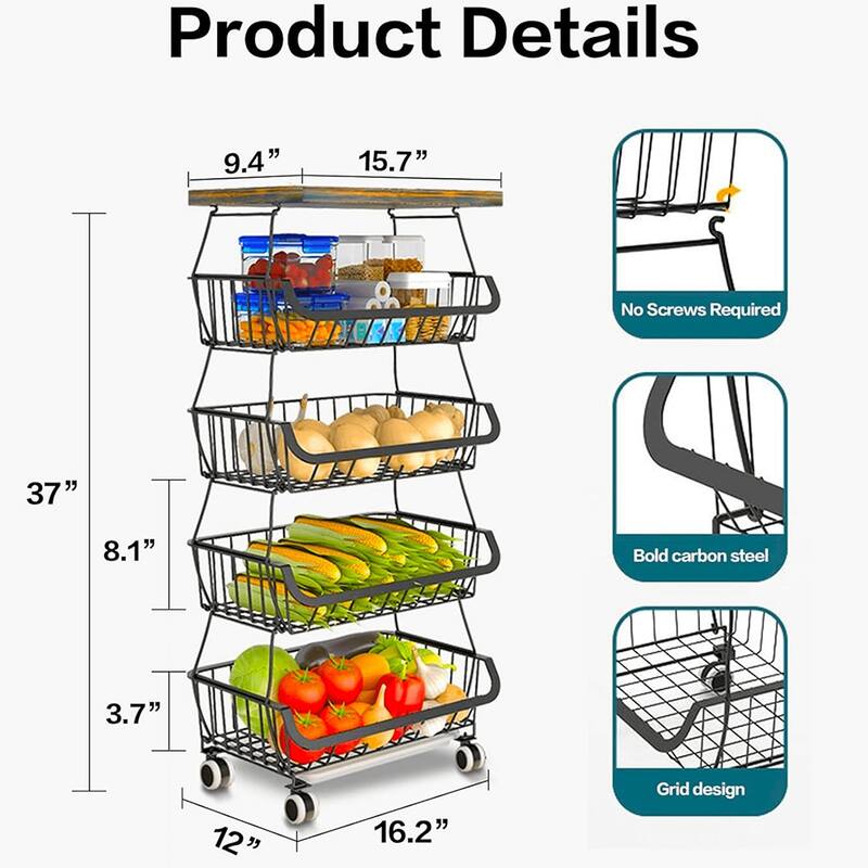 5/6-Tier Stackable Fruit Basket, Rolling Metal Cart with Wheels