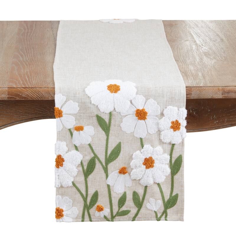Embroidered Floral Table Runner - Decorative Non-Reversible Polyester Table Runner for Dining Table, 14"x72" - 14"x72" - Natural