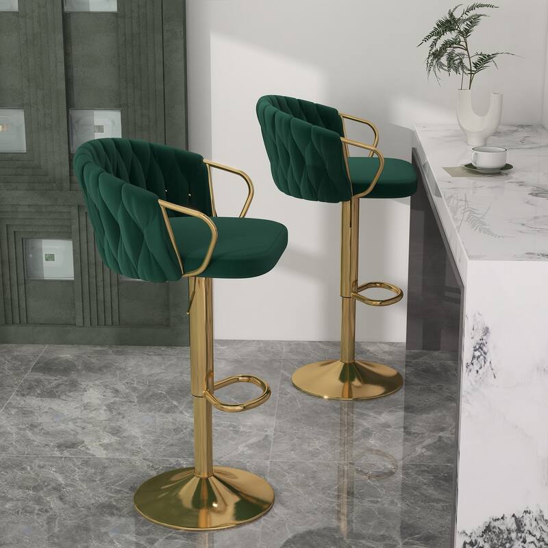Set of 2 Bar Stool Adjustable Height Swivel Velvet Woven