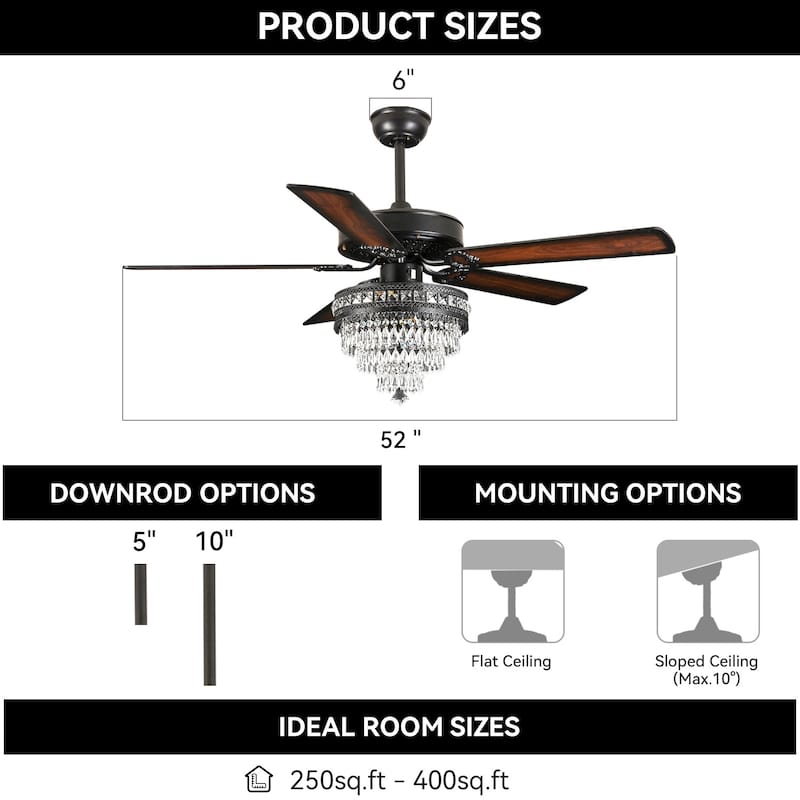 52" or 62" Crystal Ceiling Fan with Lights, Chandelier Ceiling Fans Lights with 6-Speed, APP Control, Dimmable, Timer