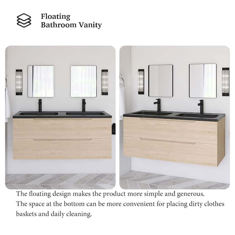 48'' Floating Bathroom Vanity in Evita Oak with Integrated Quartz Sand Top - 47.24'' x 18.90'' x 20.39''