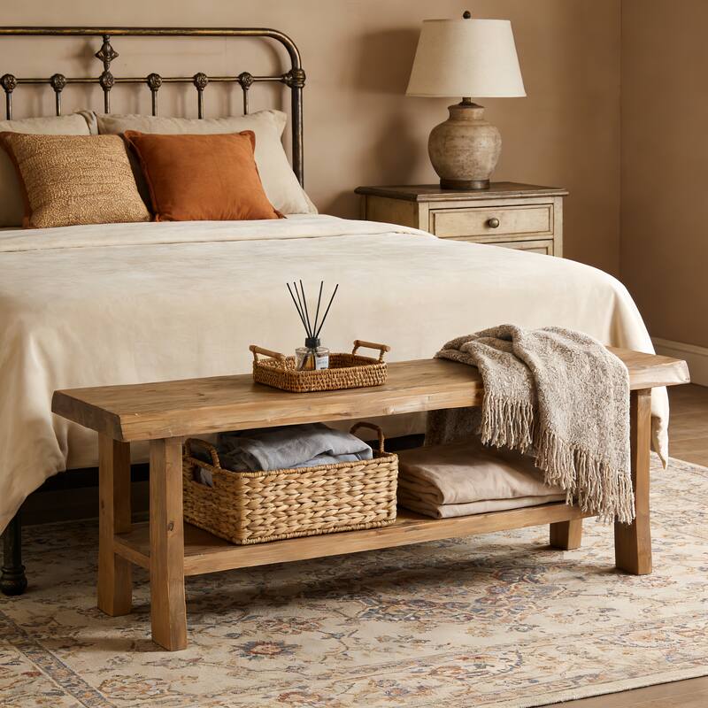 55" Solid Wood Farmhouse Bench with Storage Shelf