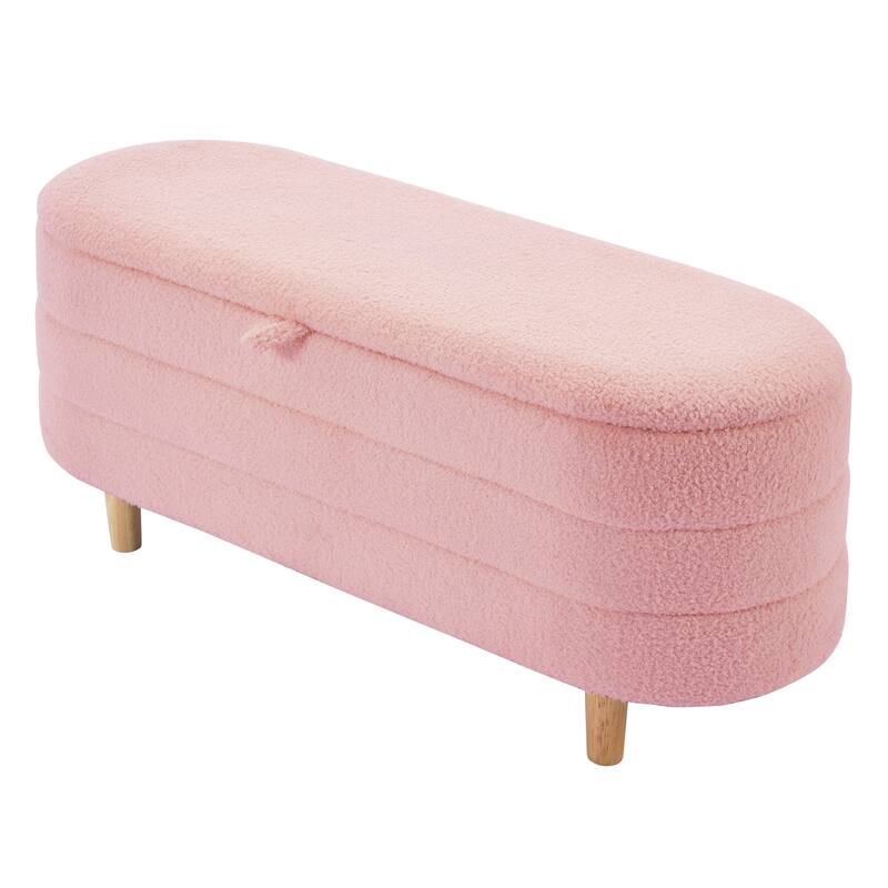 Elegant Upholstered Sherpa Fabric Storage Ottoman with Wood Legs, Storage Bench for Bedroom, Living Room