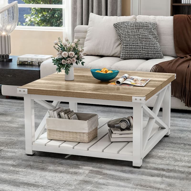 Moasis 31" Square Farmhouse Coffee Table with Shelf, 2-Tier Center Table with Storage - Grey Wash/White