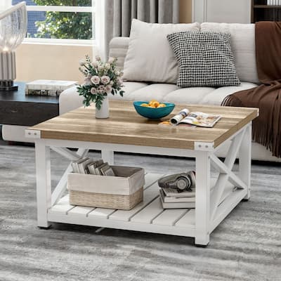 Moasis 31" Square Farmhouse Coffee Table with Shelf, 2-Tier Center Table with Storage