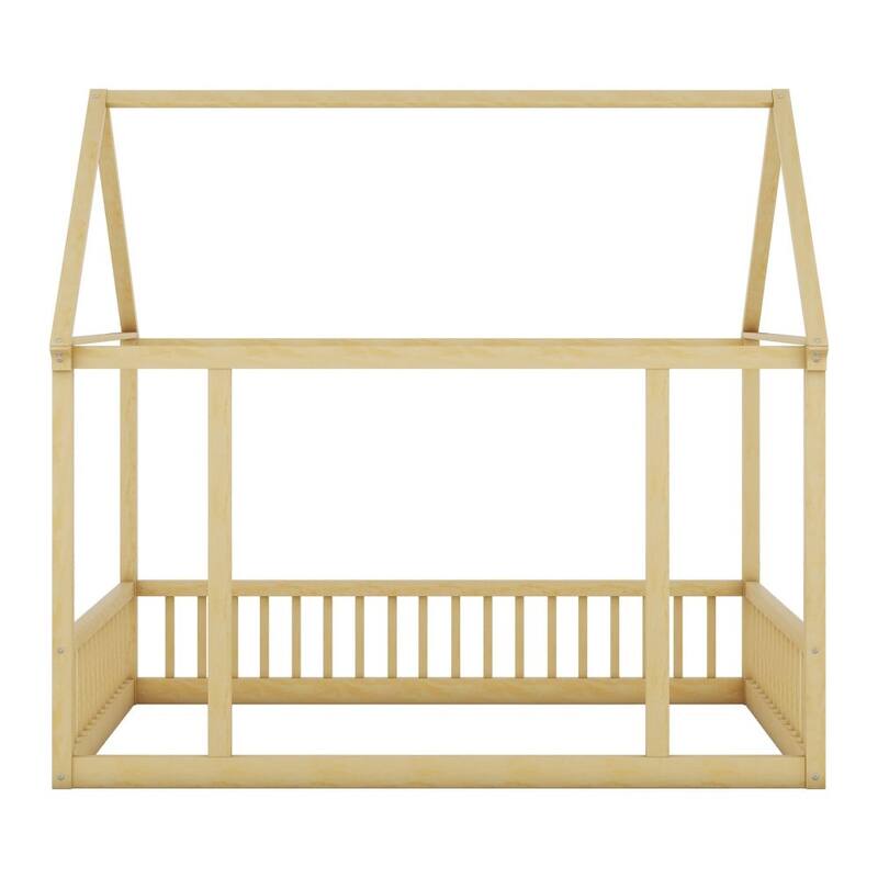 Floor Wooden Bed with House Roof Frame and Safety Guardrails