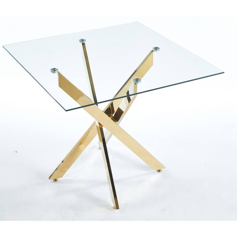 Modern Square Dining Table with Tempered Glass Top & Cross Metal Legs, Space-Saving for Kitchen and Living Room - Golden