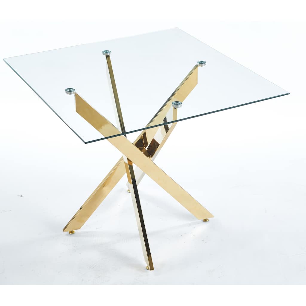 Modern Square Dining Table with Tempered Glass Top & Cross Metal Legs, Space-Saving for Kitchen and Living Room
