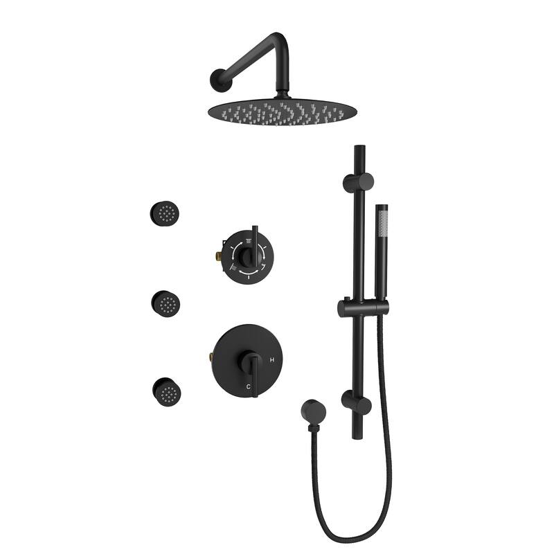 3-Spray Pressure Balanced 10 in. Wall Mount Fixed and Handheld Dual Shower Head 2.5 GPM with Adjustable Slide Bar and 3-Body Jet - Matte Black