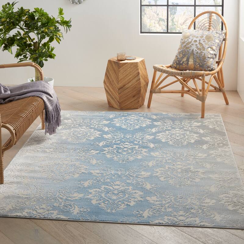 Nourison Elation Damask Pattern French Country Area Rug - 4' x 6' - Ivory Blue - Rectangle