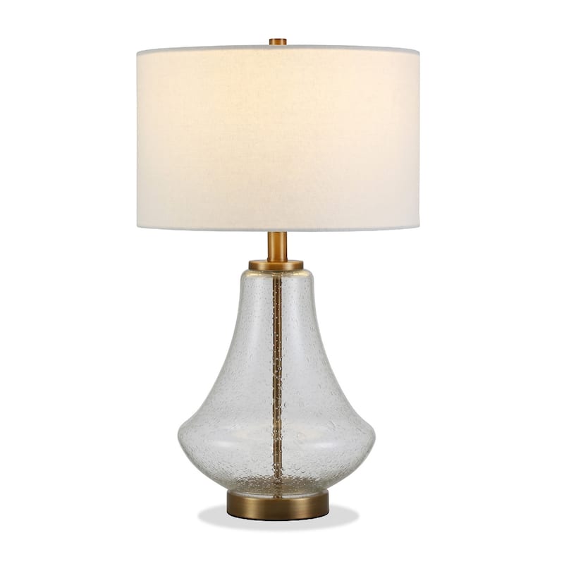 23" Coastal Glass Table Lamp with Linen Fabric Drum Shade and Metal Base for Bedroom or Living Room - 15"W x 15"D x 23"H - Brass-White