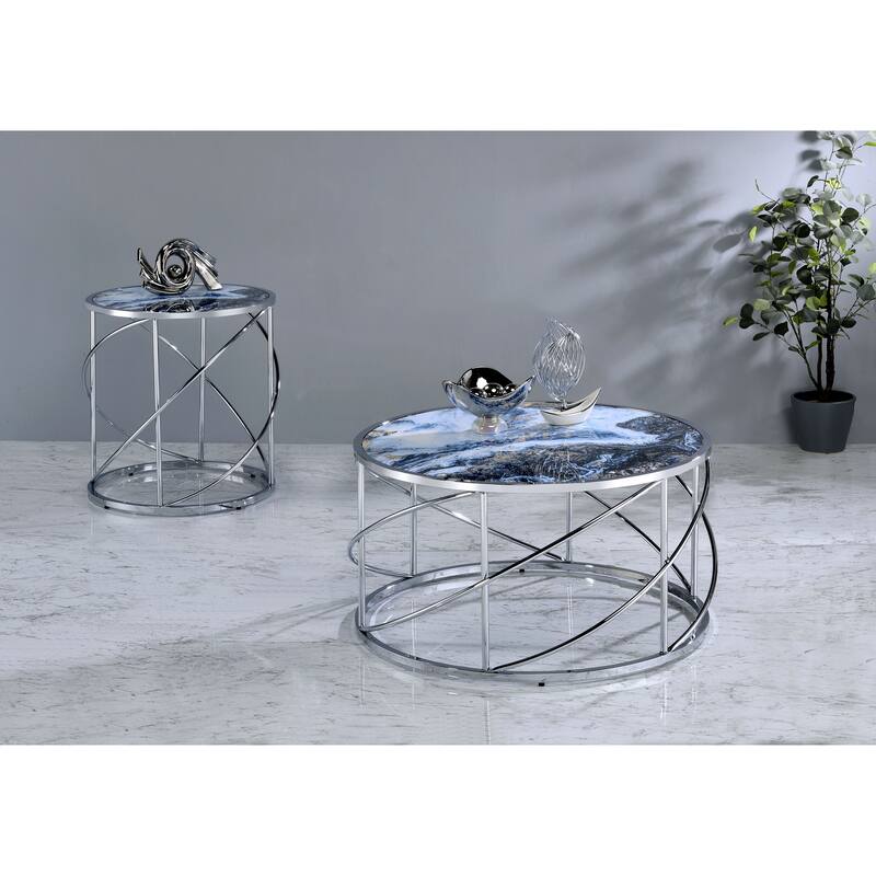 End Table, Blue Marble Print & Chrome Finish - Silver - Marble