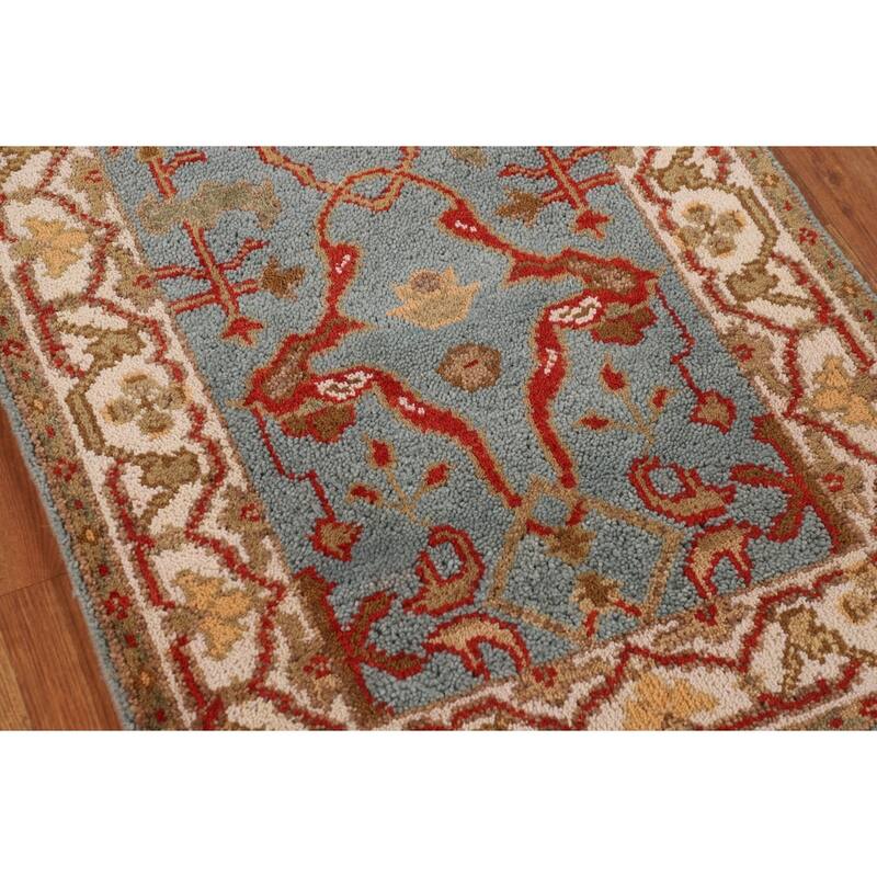 Light Blue Floral Oushak Indian Runner Rug Handmade Wool Carpet - 2'6"x 9'6"