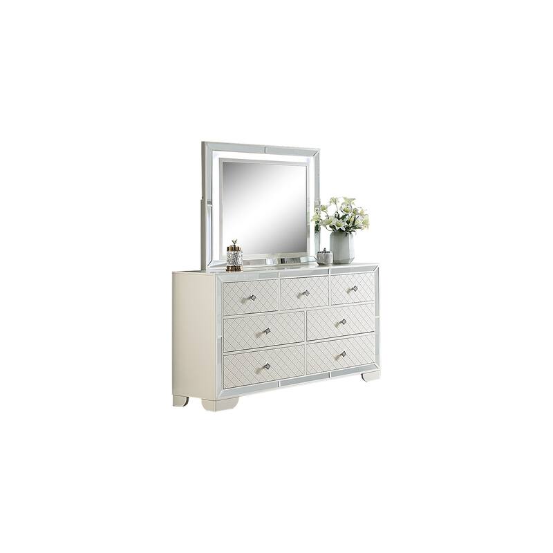 Transitonal Style 4pc Bed Set Diamond Knob Handles LED Lights Cream Finish Bedroom Furniture