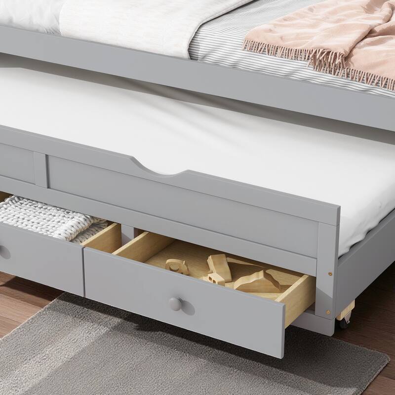 Twin Size Bed with Headboard, Footboard, Trundle, and Three Storage Drawers, Solid Pine Wood Twin Bed Frame with Storage