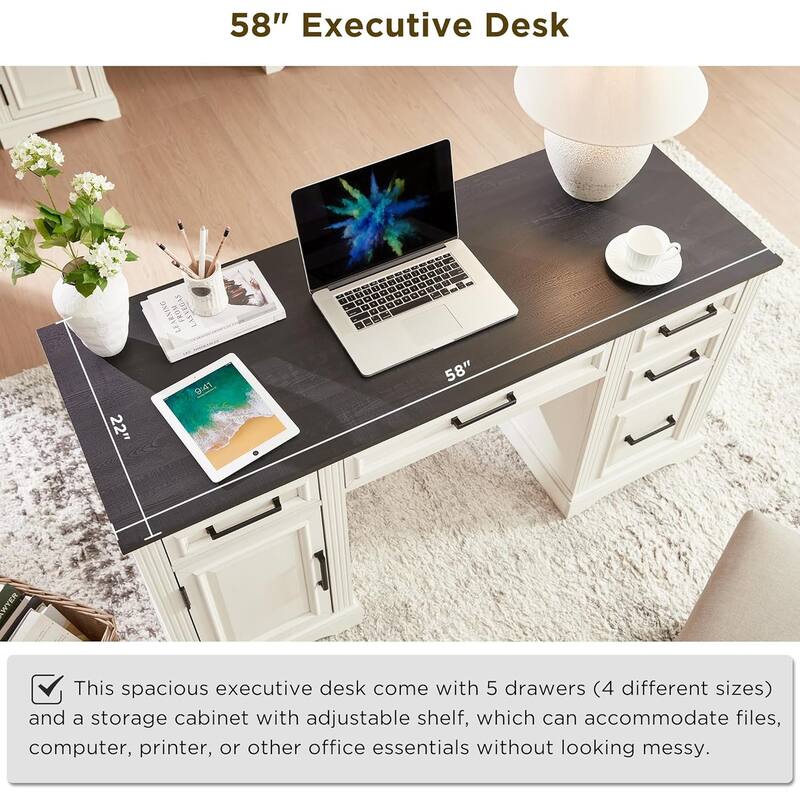 58" Large Computer Desk with Drawers, Embossed Texture Office Desk