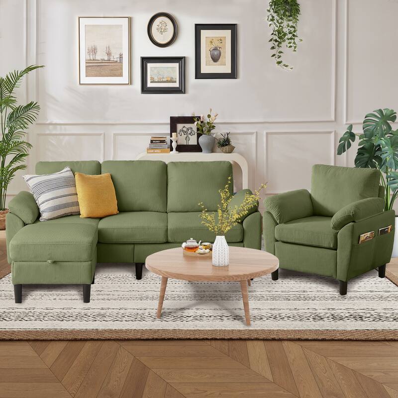 79.72" Corduroy 3 Pieces Living Room Sets Including Sectional Sofa with Storage Ottoman & Side Pockets & Armchair Set - Green