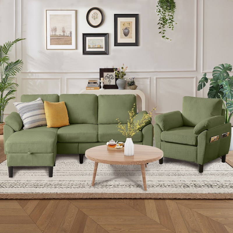 79.72" Corduroy 3 Pieces Living Room Sets Including Sectional Sofa with Storage Ottoman and Armchair Set - Green