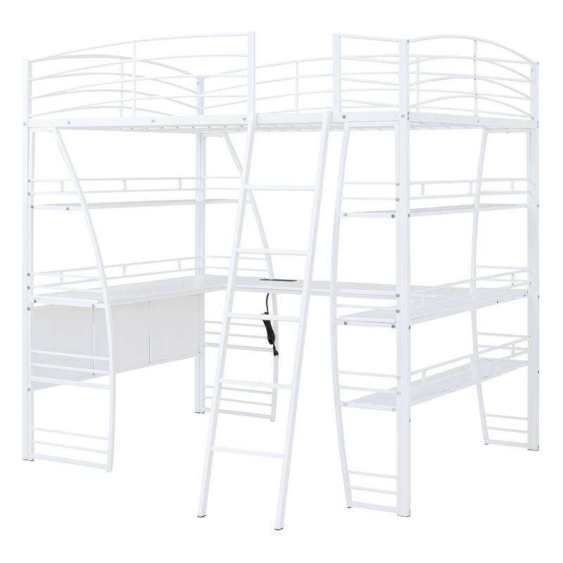 Full/Twin Loft Bed with L-Shaped Desk, 4 Storage Shelves, Sockets, USB Ports, Wireless Charging, and Metal Frame