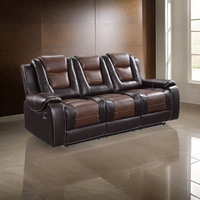 Istro 86 Inch Manual Recliner Sofa, Drop Down Table, Brown Faux Leather