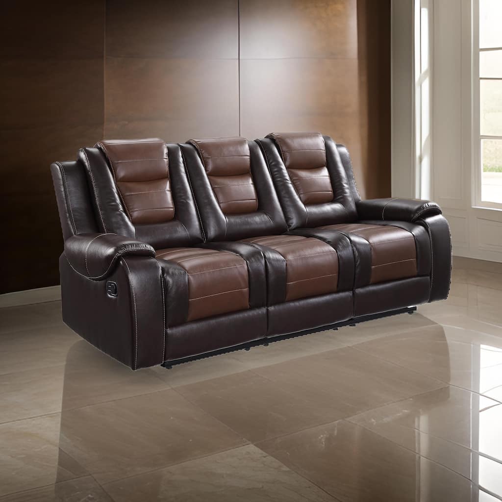 Istro 86 Inch Manual Recliner Sofa, Drop Down Table, Brown Faux Leather