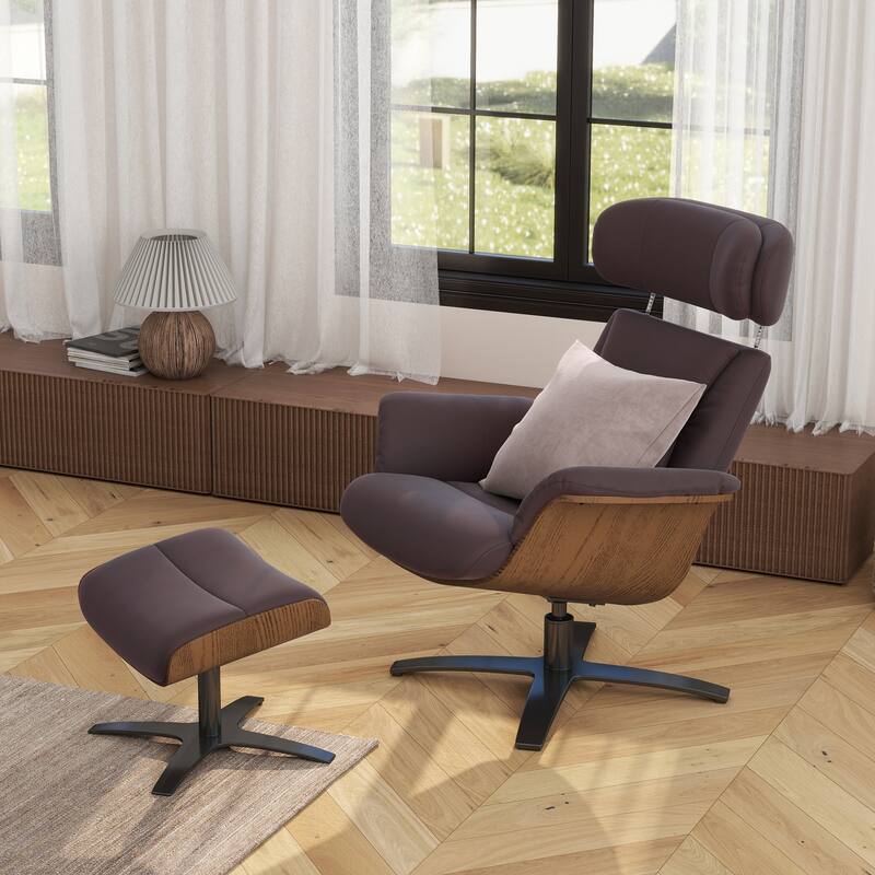 Jovan 20.5" Mid-Century Modern Genuine Leather Footstool Ottoman
