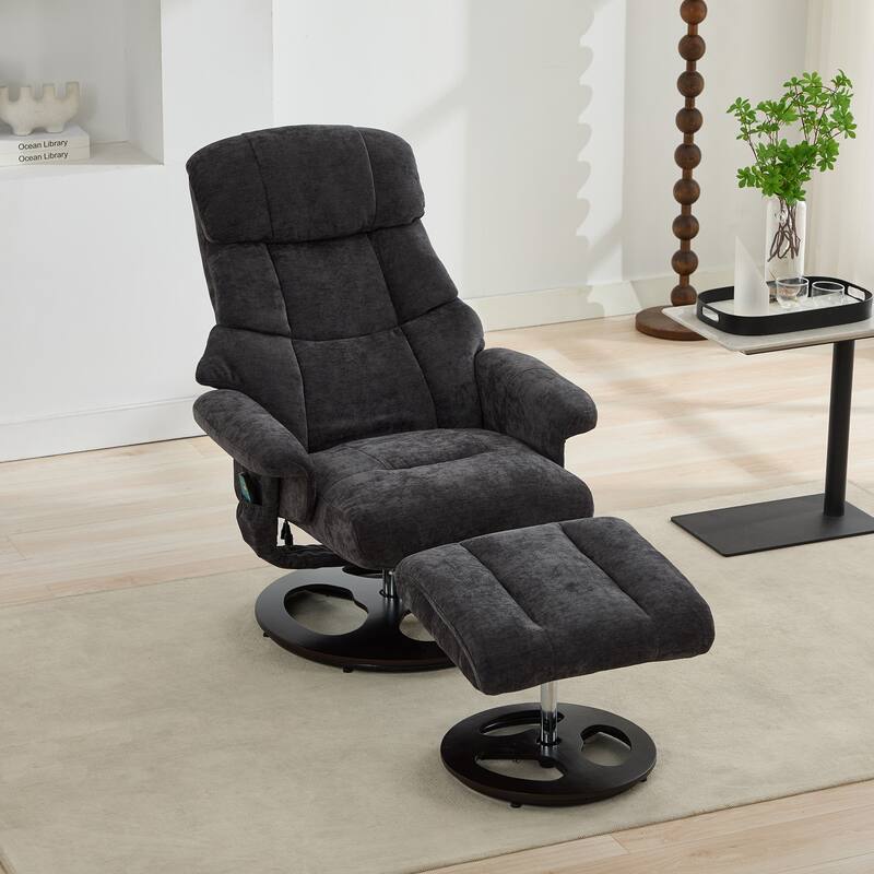 Recliner Chair with Ottoman, Modern 360° Swivel Lounge Chair with Footstool, Chenille Fabric, 5 Point Vibration Massage