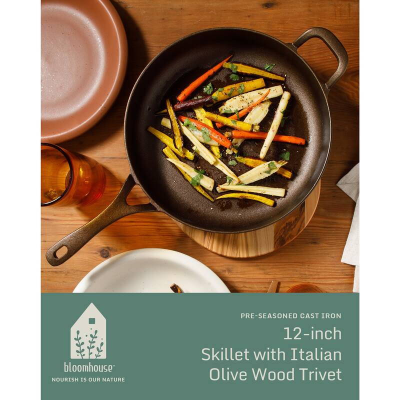 Bloomhouse Natural Bronze Finish Pre-seasoned Cast Iron Grill, Everyday Pan, Skillet & Olive Wood Trivet