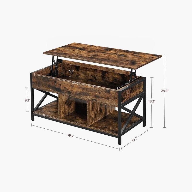 Modern Industrial Coffee Table with Adjustable Lift Top and Hidden Storage Open Compartments