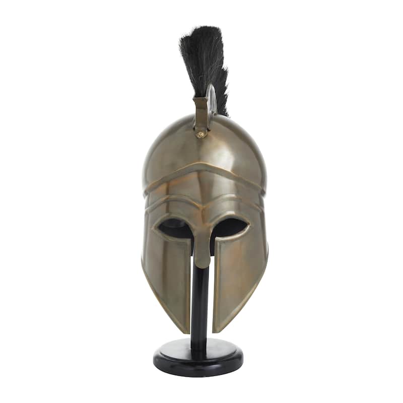 Metal Replica Medieval Greek Spartan Helmet with Brown Wood Stand and Plume - Gold - Roche River Decor - Gold