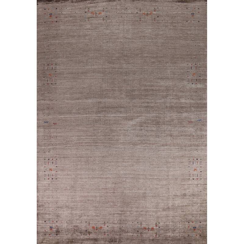 Brown Gabbeh Oriental Area Rug Hand-Knotted Silk Carpet - 8'11" x 11'8"