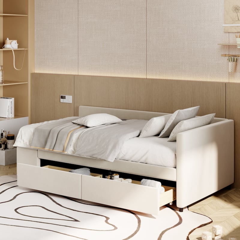 L-Shaped Twin Size Upholstered Platform Bed with Storage Drawers, Beige