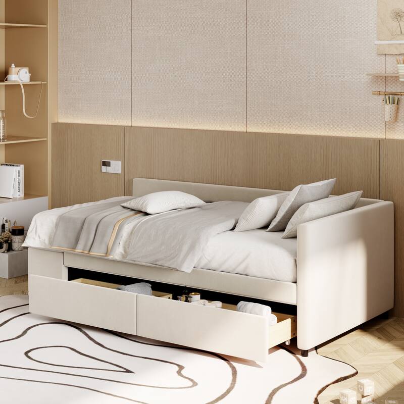 Twin Size Velvet Upholstered Daybed with Built-In Side Storage and 2 Drawers, L Shaped Corner Platform Sofa Bed Frame