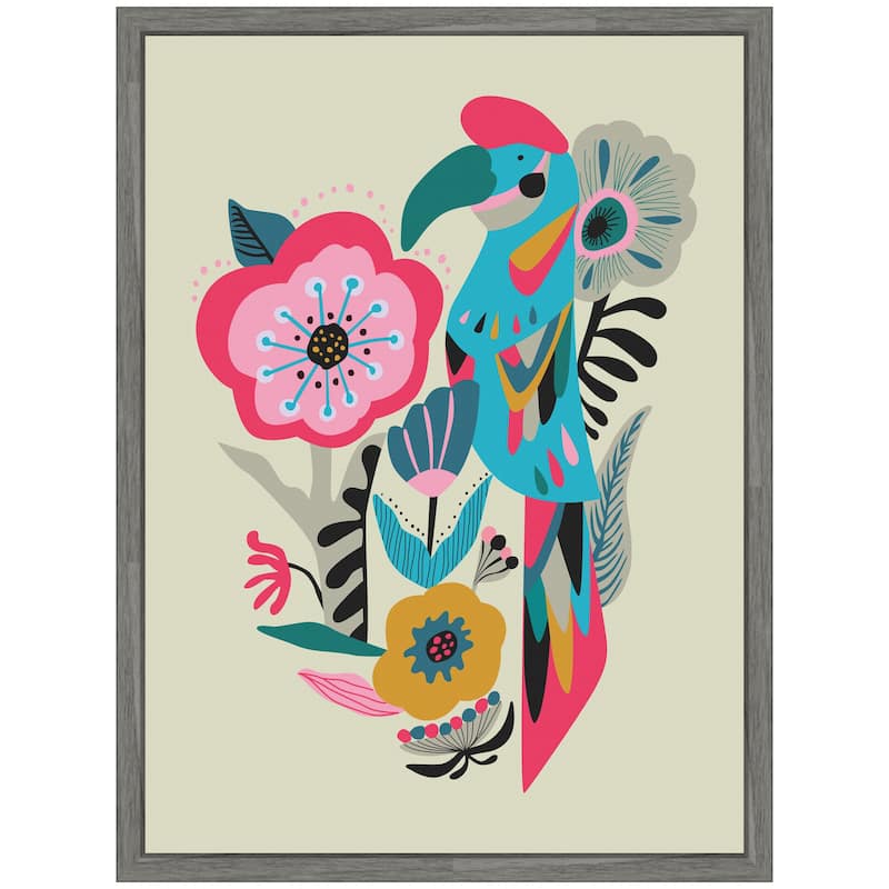 Kate and Laurel Sylvie Bright Teal and Pink Floral and Parrot Framed Canvas by Rachel Lee
