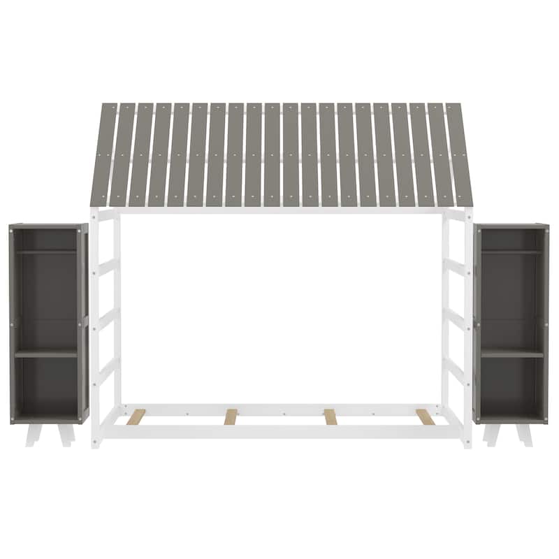 House-Shaped Twin Floor Bed with Fence, Roof, and Movable Wardrobes, Gray