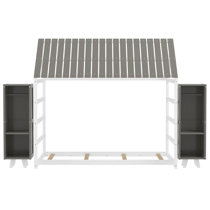 Wooden Twin Size House Bed with Fence and Roof, Kids Floor Bed with Two Movable Wardrobes, Gray