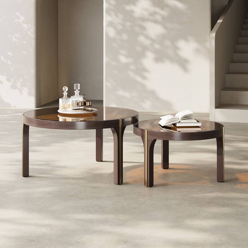 Modern Coffee Table Set of 2,Brown tempered glass tabletop, solid wood legs,31.5+23.62"